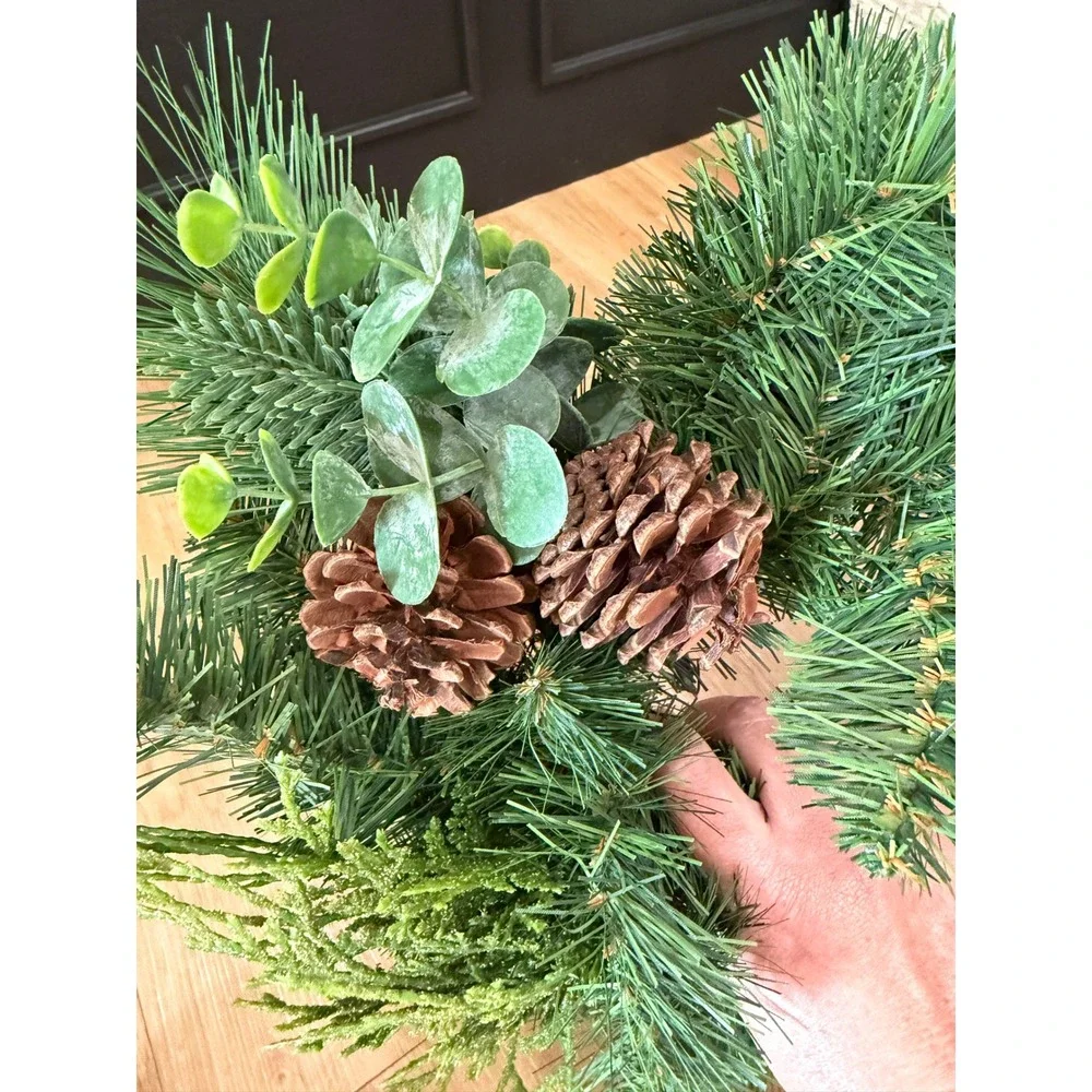 Faux Evergreen Christmas Wreath with Pinecones Eucalyptus and Cedar 14 Inch